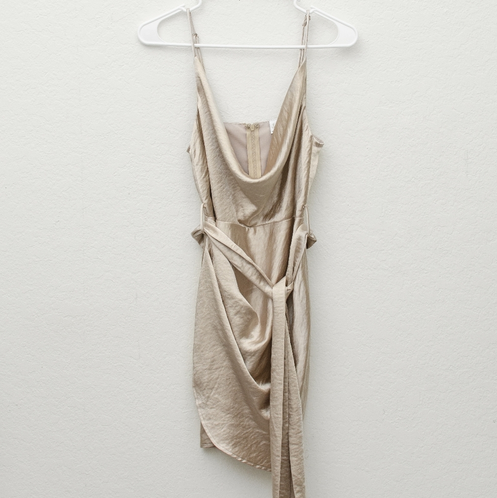 Satin Cowl Neck Wrap Dress